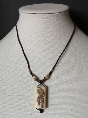 Vintage Handcrafted Ivorytone Skrimshaw Tiger Pendant Jade Beads on Black Cord
